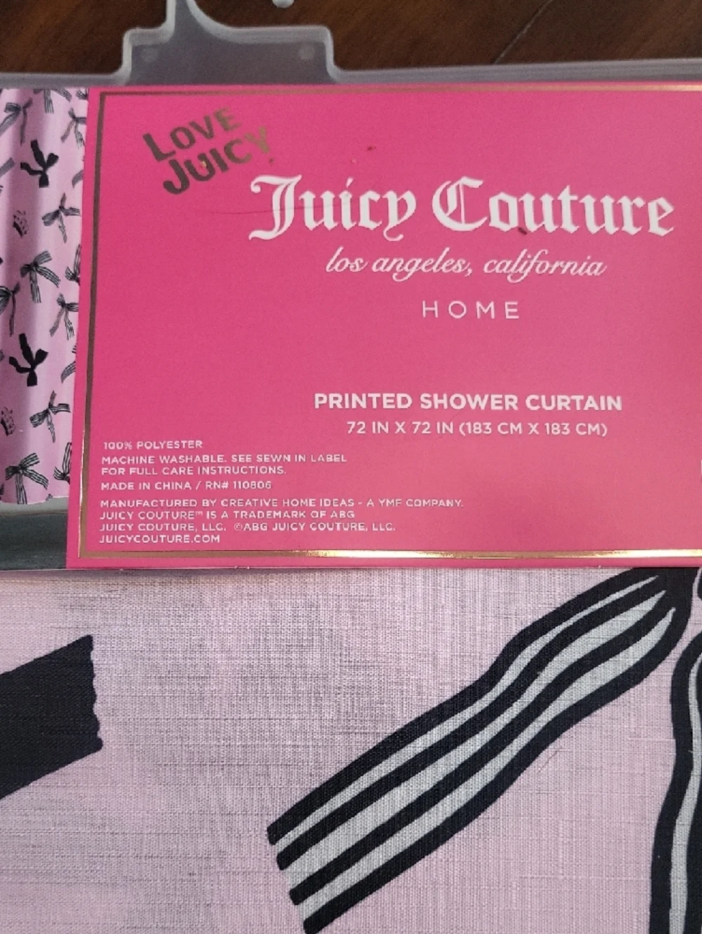 Juicy Couture Pink Shower Curtain with Black Bow Motif